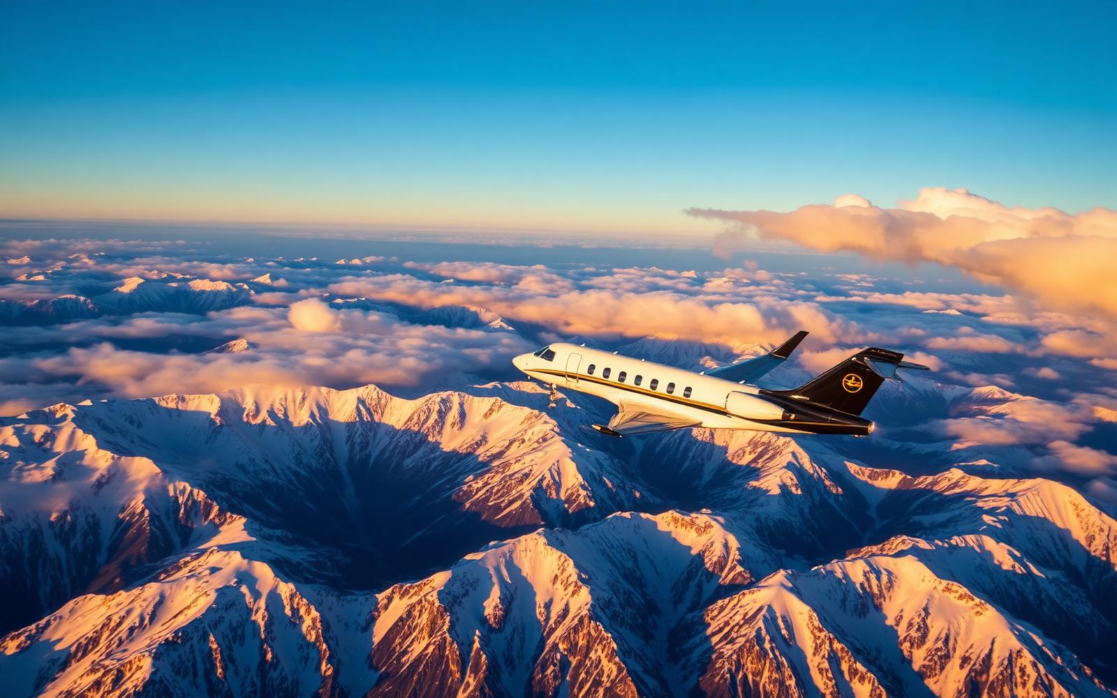 Privatjet im Abendlicht über den verschneiten Schweizer Alpen